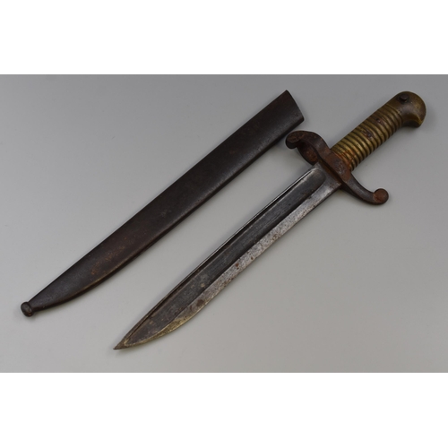 203 - An 1856 French Bayonette, With Sheath. Various Markings To Blade and Guard. Approx 15