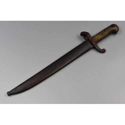 203 - An 1856 French Bayonette, With Sheath. Various Markings To Blade and Guard. Approx 15