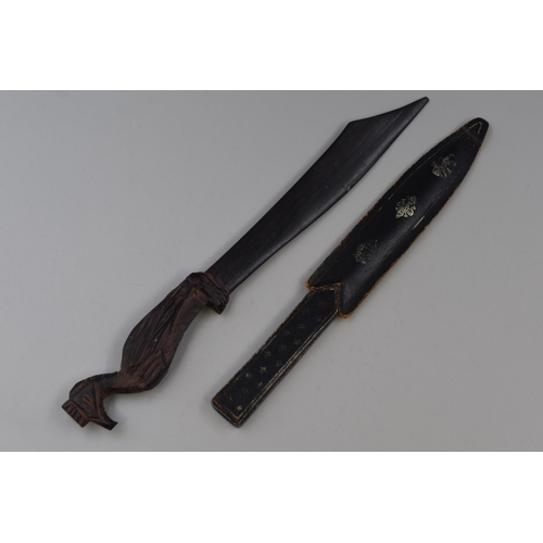 204 - Two Vintage Letter Openers. Includes Carved Wood Ebonised Bird, And Italian Letter Opener in Leather... 