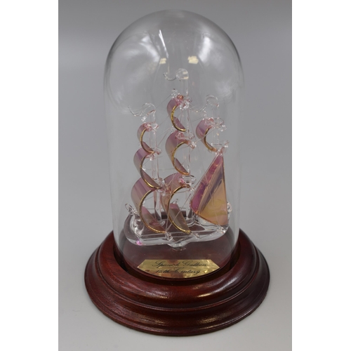 226 - Hand Blown Glass 16th Century Spanish Galleon on wooden plinth