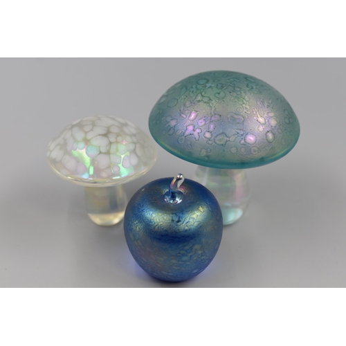 229 - Two Iridescent Glass Mushrooms, With Iridescent Glass Apple. Tallest Approx 3.5