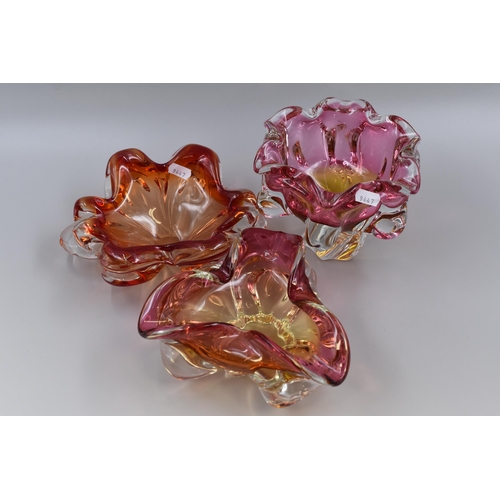 231 - Three Art Glass Murano Style Dishes. Includes Two Pink and Amber Dishes, And Red and Amber Glass Dis... 