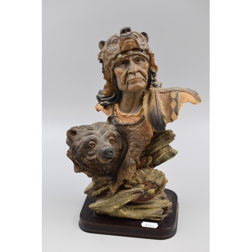 252 - Vintage Academy Native American Indian with Bear's Head Bust Statue Approx 13