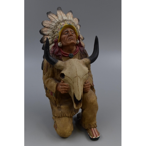 254 - Native American Indian Chief Sitting with Buffalo Skull Statue Approx 10