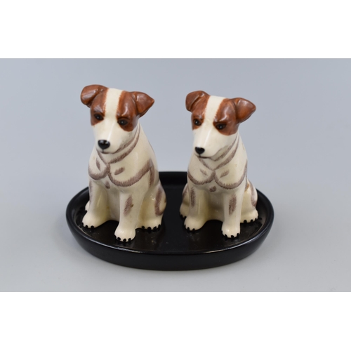 243 - Pair of Ceramic Jack Russell themed Salt and Pepper pots on Base