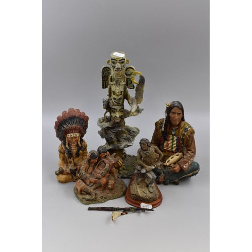 247 - Mixed Selection of Native American Themed Statues Including Totem Pole, Indian Chief Holding Smoking... 