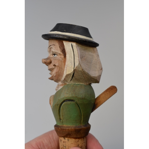 260 - Anri Carved Wood Bottle Stopper with Moving hat revealing Secondary Face