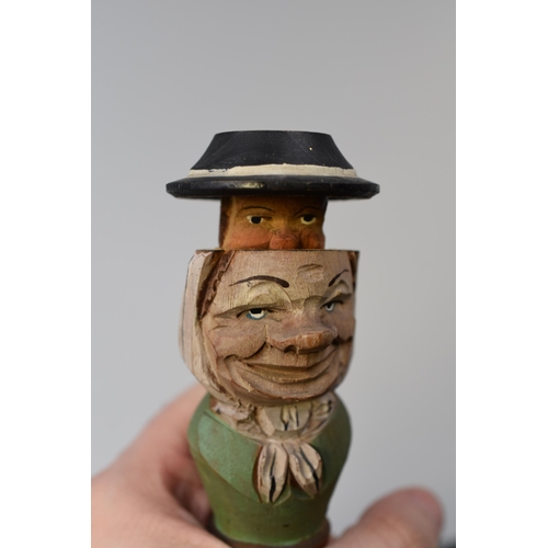 260 - Anri Carved Wood Bottle Stopper with Moving hat revealing Secondary Face