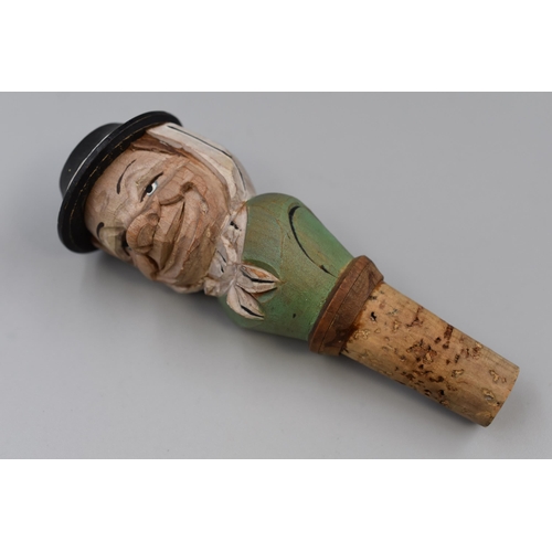 260 - Anri Carved Wood Bottle Stopper with Moving hat revealing Secondary Face