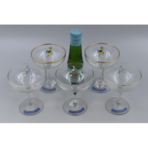 263 - Five Branded Babycham Glasses and a Vintage 100ml Bottle of Babycham