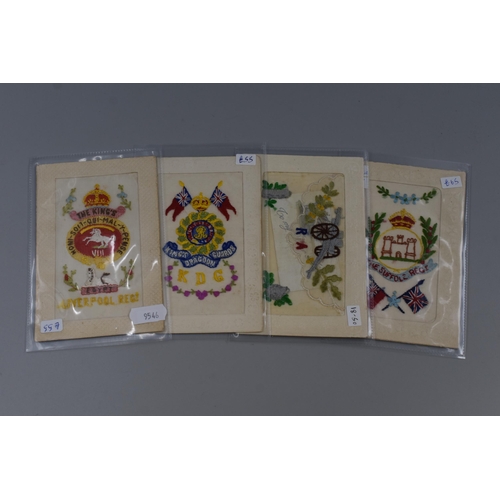 273 - Four Regimental Military Silk WWI Postcards including Liverpool Regiment, Kings Dragoon Guards and M... 