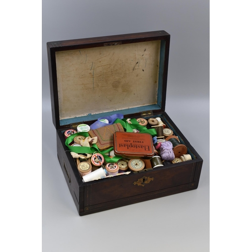 485 - Vintage Wooden Box with Side Brass Handles with Sewing Contents (Approx. 13” x 9” x 6&rd... 