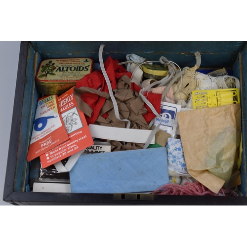 485 - Vintage Wooden Box with Side Brass Handles with Sewing Contents (Approx. 13” x 9” x 6&rd... 