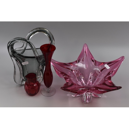 287 - Four Pieces of Glassware To Include Handbag Vase, Cranberry Glass Dish, With Cranberry Glass Jug and... 