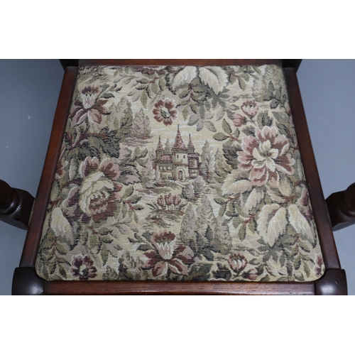 495 - A Pair of Wood Backed Old Charm Carver Chairs, With Castle Scene Seat. Approx 33.5