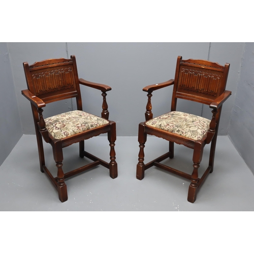 495 - A Pair of Wood Backed Old Charm Carver Chairs, With Castle Scene Seat. Approx 33.5