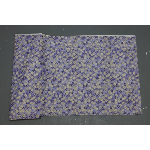 554 - Approx. 3M of Lilac Purple Floral Fabric with Gold Coloured Outlined Flowers