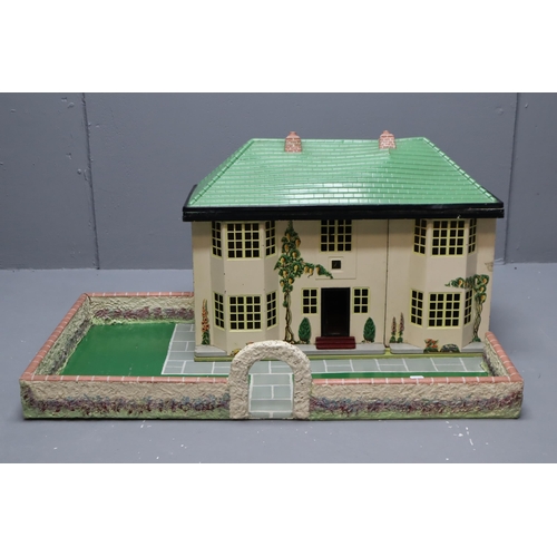 698 - A Vintage Tinplate Triang Dolls House, On Wood Base With Light Fittings. Approx 19