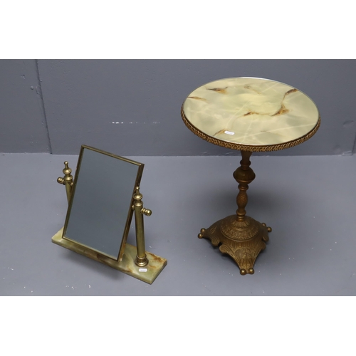 704 - A Marble Effect Topped Brass Base Side Table, With Marble Base Brass Columned Table Mirror. Table is... 