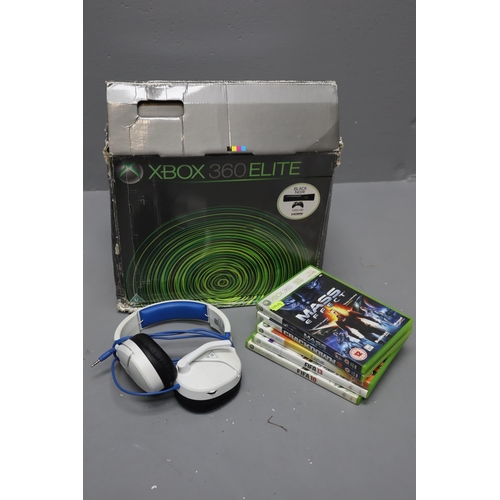 619 - A 120GB XBox 360 Elite in Black Noir, With Controller, Power Cable, Headphones, And Five Games. Powe... 