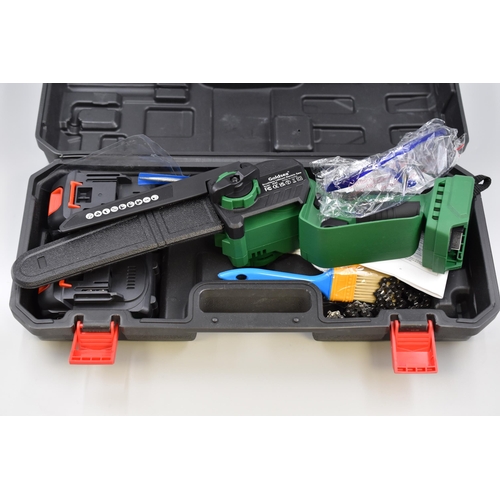 716 - Brand New Cordless Mini Chainsaw with Two Batteries, Goggles Spare Chain in a Storage Case Powers on... 