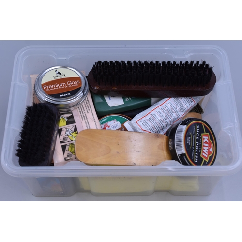 735 - Lidded Box Full of Shoe Cleaning items, Brushes and Polish