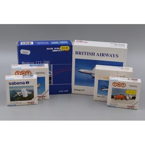 644 - Six Boxed Herpa Wings Die Cast Plane Models (1:500 Scale), Includes Air France Boeing 777-200, Briti... 