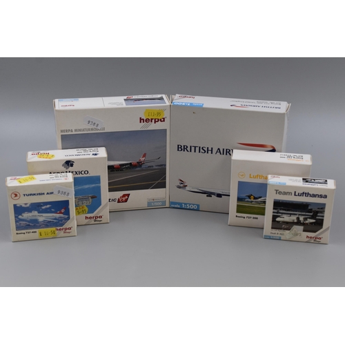 645 - Six Boxed Herpa Wings Die Cast Plane Models (1:500 Scale). Includes Virgin Atlantic Airbus A340-600,... 