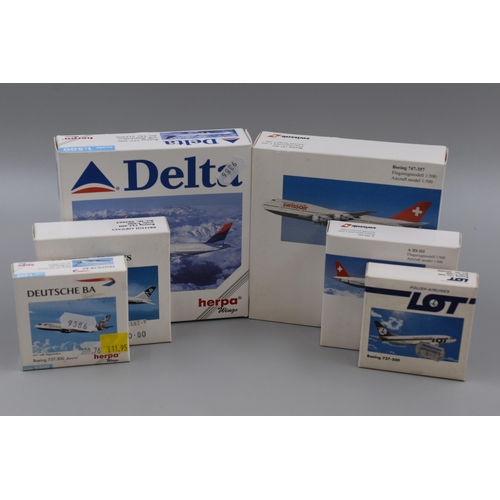 646 - Six Boxed Herpa Wings Die Cast Plane Models (1:500 Scale). Includes Delta Boeing 777-200, Swissair A... 