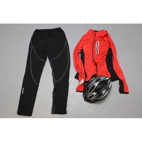 751 - Crane Size 42 Cycling Jacket, Pair of Santic Trousers (Size M) and a Trespass Cycle Helmet