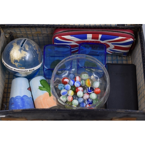 764 - Vintage Leather Travel Case containing Bank Money Boxes, Salt & Pepper Set, Olympics Purse and M... 