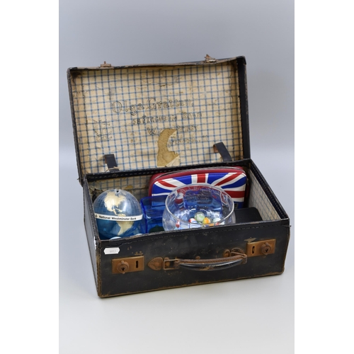 764 - Vintage Leather Travel Case containing Bank Money Boxes, Salt & Pepper Set, Olympics Purse and M... 