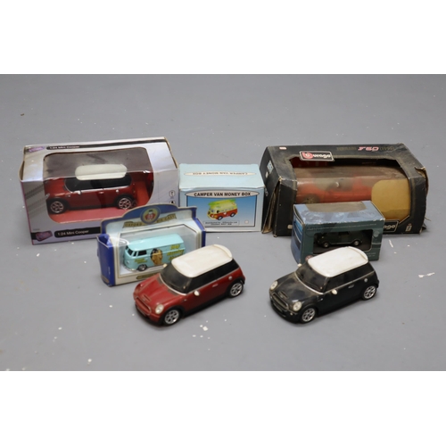 813 - Selection of Model Cars to include Radio Controlled Mini Cooper, Ferrari, 2 x VW Camper Vans and Oth... 