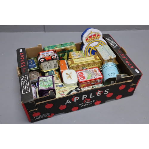 842 - Large Selection of Maiinly Vintage Tins to include OXO, Fruit Drops, Real Madrid Mini Chocs and more