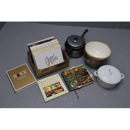 863 - Mixed Lot includes Mixing Bowl, 3 Pans, Casserole Pot and Cookery Books