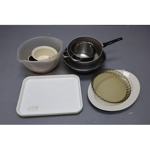 865 - Mixed Lot includes Large Mixing Bowls, Pans, Large Platter, Serving Trays and a Casserole Pot