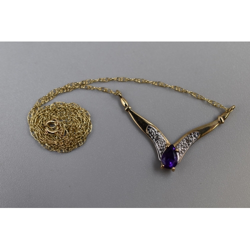 8 - 375 gold necklace with amethyst and diamond stones weight 1.5g