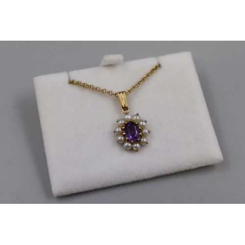 12 - Gold 375 (9ct) Amethyst and Pearl pendant Necklace Complete with Presentation Box