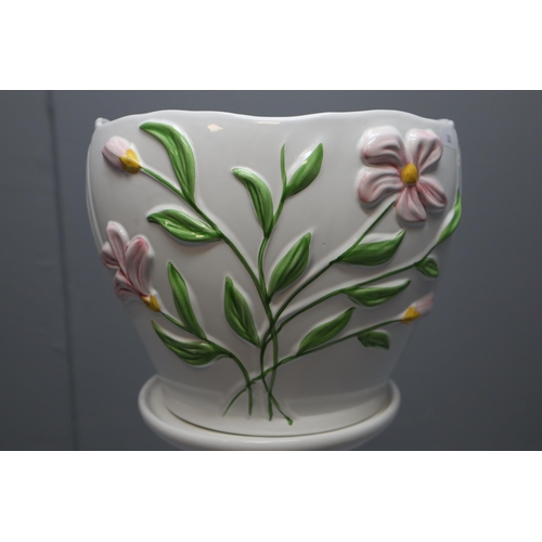 271 - White Ceramic Jardinière and Stand with Floral Decoration (Height 30