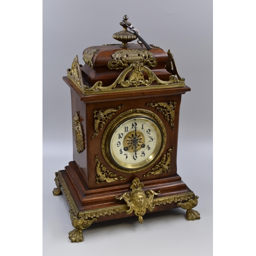 273 - Antique 19th Century Medaille Bronze Marti Mahogany and Brass Ornate Mantel Clock Complete with Key ... 