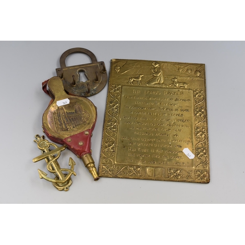 276 - A Selection of Brassware To Include The Lords Prayer Brass Plaque, Nautical Door Knocker, Bellows an... 