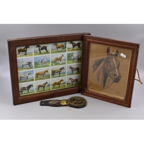 279 - An Equestrian Lot. Includes Framed and Glazed Player's Cigarette Cards, Horse Brass and Original Hor... 