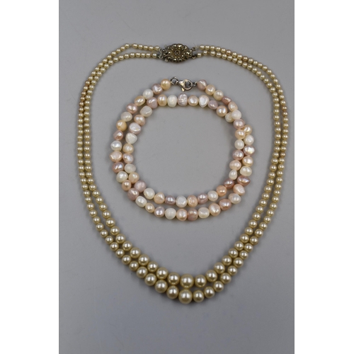 41 - Two Pearl Necklaces (Single Strand and Two Strand) With 925. Silver Clasps, One Has 925. Silver and ... 