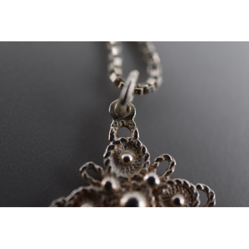 49 - Silver 900 Filigree Cross Pendant Necklace Complete with Presentation Box