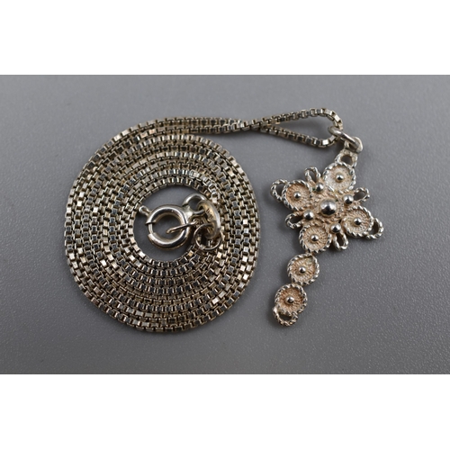 49 - Silver 900 Filigree Cross Pendant Necklace Complete with Presentation Box