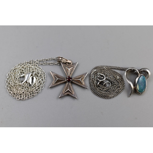 47 - Two Sterling Silver Pendant Necklaces To Include Maltese Cross and Blue Opal Effect