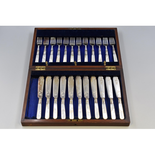 293 - Silver Plated Canteen of Cutlery with Mother of Pearl Handles and Wooden Display Case (One Knife Mis... 