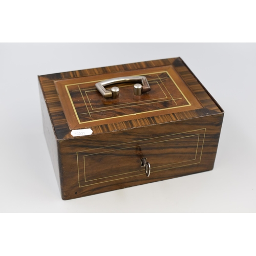 294 - Heavy (3.8Kg) steel locking strong box with key, wood effect exterior finish with red interior