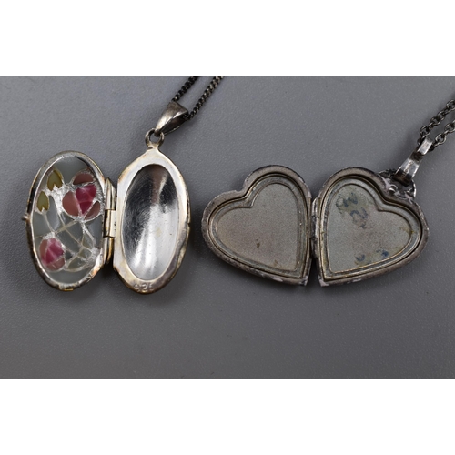 55 - Two Sterling Silver Locket Pendant Necklaces. Includes Etched Loveheart and Enamelled Rose