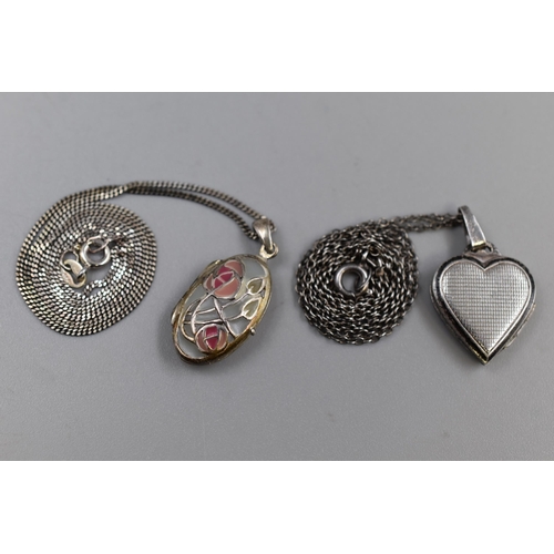 55 - Two Sterling Silver Locket Pendant Necklaces. Includes Etched Loveheart and Enamelled Rose